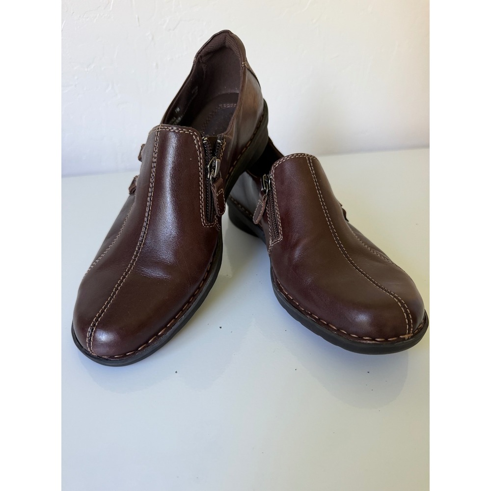 Clarks Bendables Womens 7M Brown Leather Side Zip Loafers Comfort Shoes